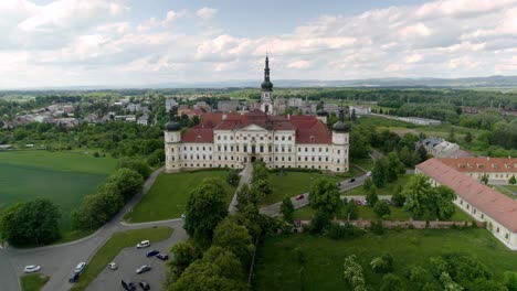 aerial drone over grounds and building of klášterní hradisko, military hospital olomouc in czech republic