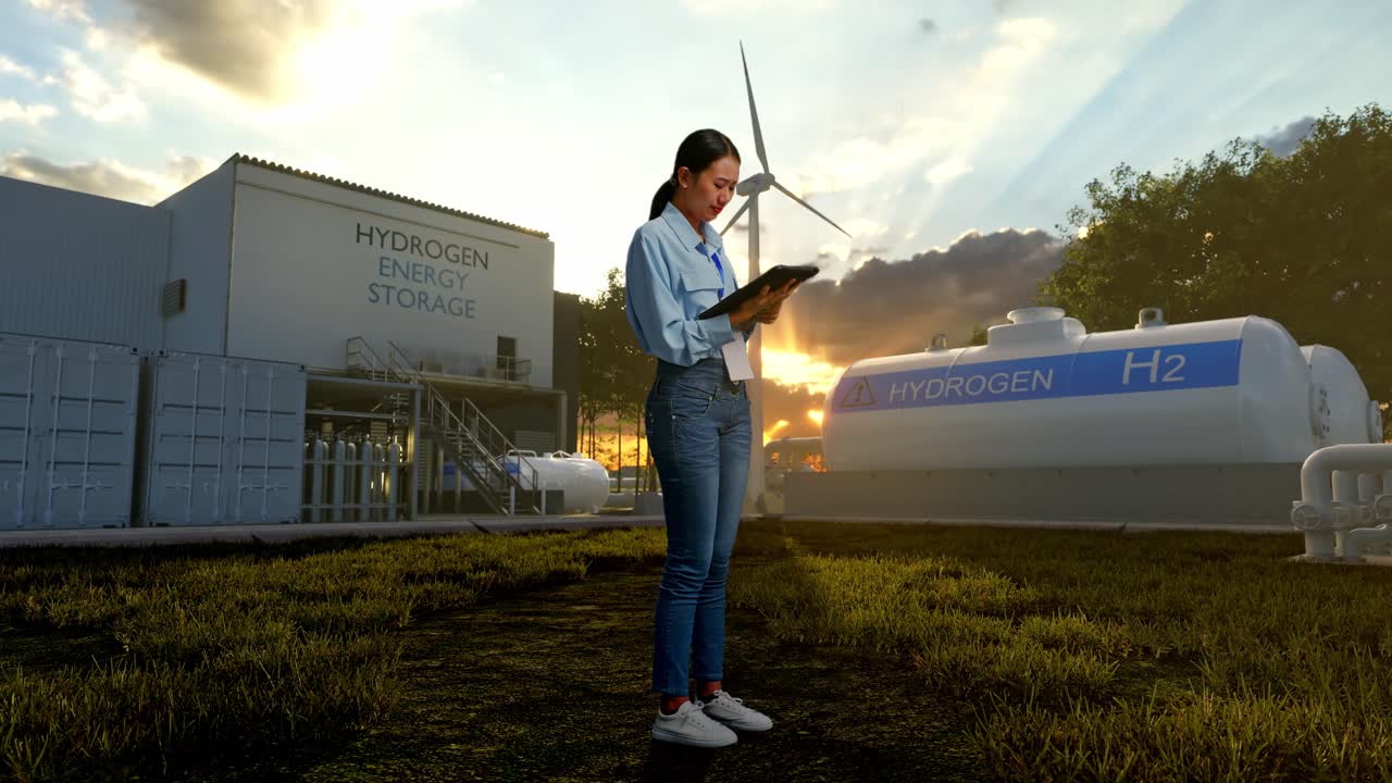 vista lateral completa del cuerpo de una trabajadora profesional asiática de pie con su tableta en la fábrica de hidrógeno verde, instalación industrial de alta tecnología, ella está asintiendo con su cabeza con decepción