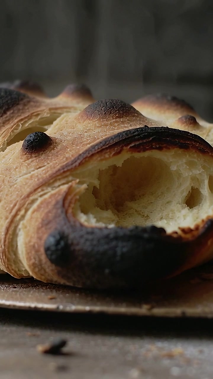 Vertical video: Shifting camera revealing rustic loaf split on baking sheet, highlighting crumb