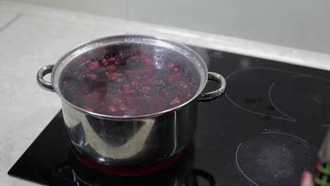 Berries-in-pot-with-boiling-water.-Adding-sugar.-Cooking-compote.-Kitchen