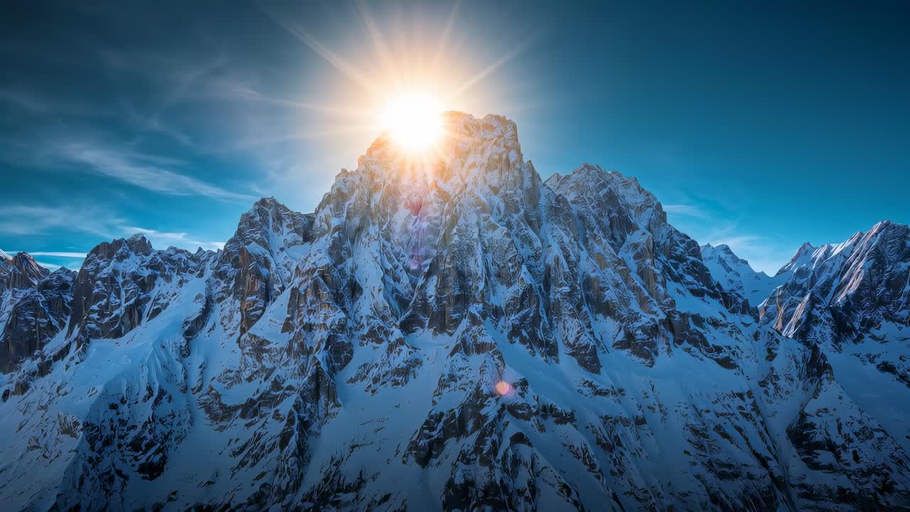 Moving sun brightening, sending lens flare, lighting central snowy peak and ridges in alpine range