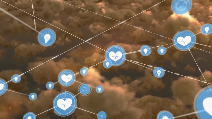 Animation of networks of connections with icons over clouds and sky