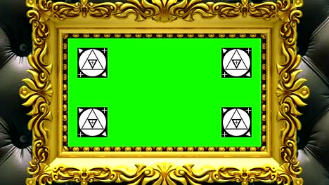 cámara zoom en el marco de la imagen de oro en el fondo de la tapicería negra de lujo. marcadores de seguimiento de movimiento y pantalla verde incluidos. animación 3d.