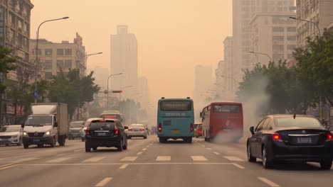 traffic in a hazy urban environment: a snapshot of commuters navigating through smog and pollution in a bustling cityscape