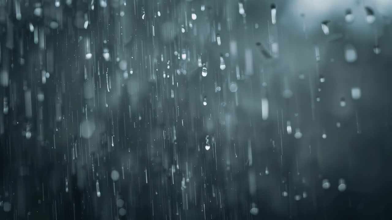 Falling foreground raindrops and streaks streaming past close camera lens, from overcast clouds