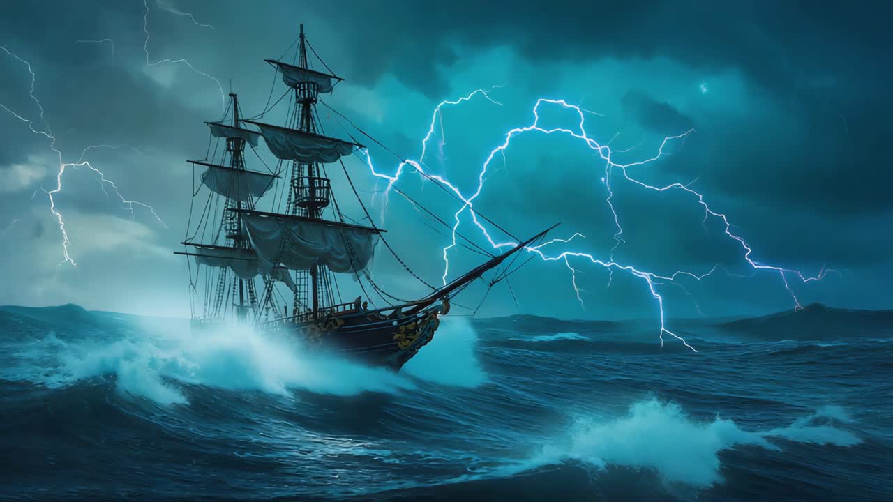 Ship caught in a stormy sea with lightning