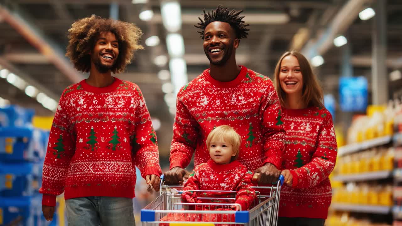 A Joyous Family Outing: Enjoying Holiday Shopping Together in Festive Sweaters While Pushing a Shopping Cart Filled with Cheer and Laughter in a Bright Supermarket Aisle
