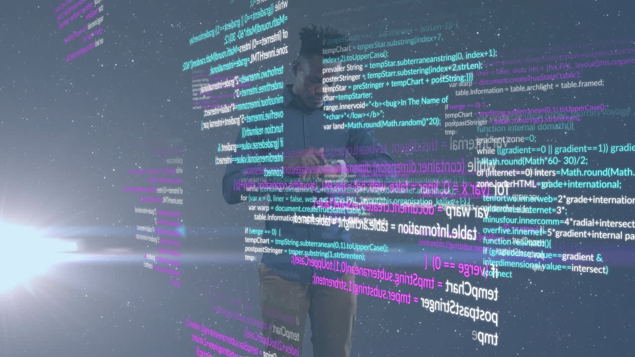 animación de procesamiento de datos y foco de atención sobre el hombre afroamericano que usa un reloj inteligente