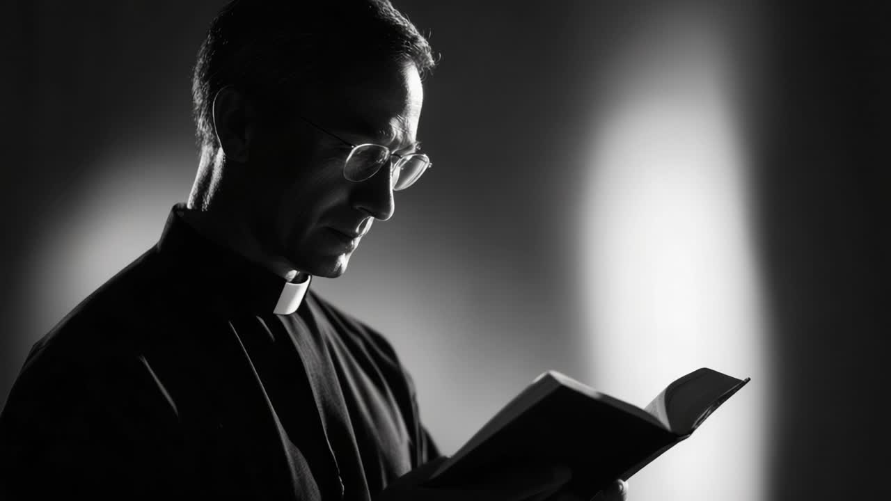 A contemplative figure in a darkened setting, reading a book with focused attention, showcasing deep reflection and an intimate connection to literature or spirituality
