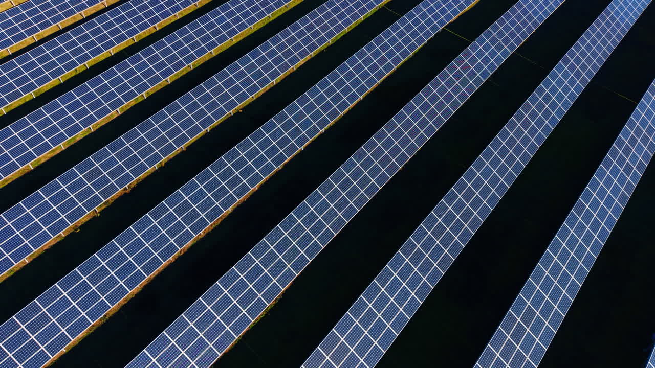 Prospettiva aerea di file di pannelli solari su erba. Veduta diagonale di file di pannelli solari blu posizionati su un campo verde in un parco di energia rinnovabile.