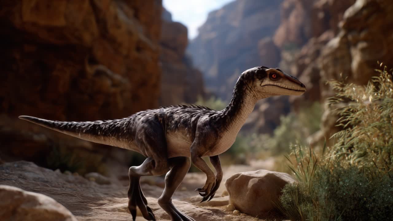 Un Dinosauro Realistico in un Sereno Paesaggio Canyon: Affascinante Viaggio di un Velociraptor Che Esplora il Suo Habitat Naturale Tra Mozzafiato Dintorni Rocciosi
