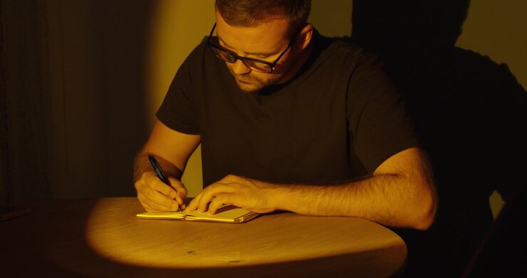 Man enters the scene, sits down at a wooden table, writes in a notebook, then stands up and walks away under dramatic cinematic lighting.