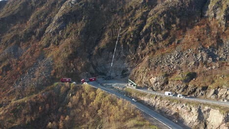 roadworks, hight-works, and slope reinforcement on the narrow mountain road on senja, norway