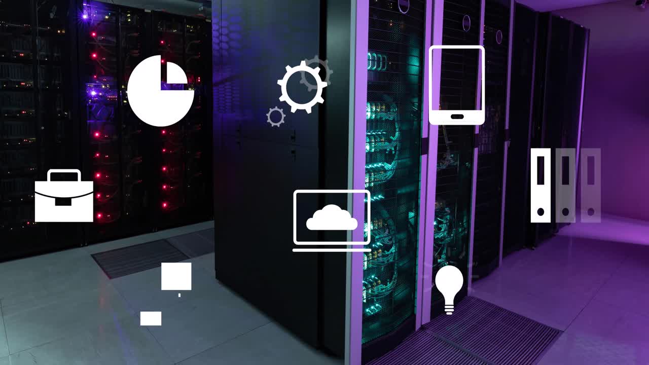 animación de iconos digitales y procesamiento de datos a través de servidores informáticos