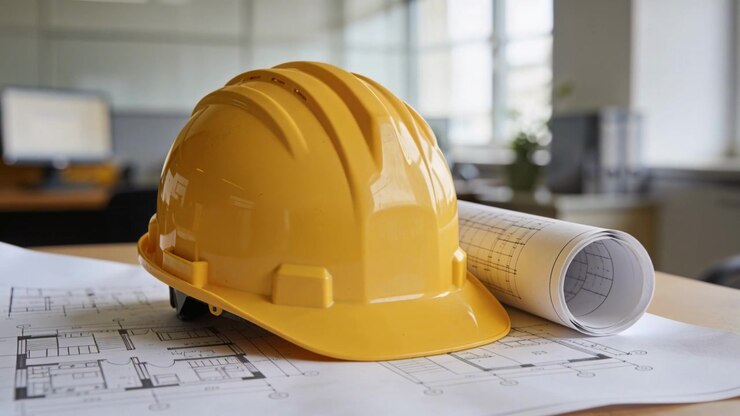 Shifting camera zooming, revealing yellow hard hat on floor plans in office, showing project goal