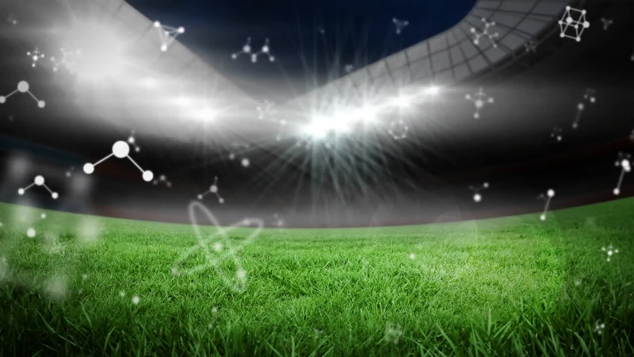 스타디움 위에서 회전하는 분자의 애니메이션
