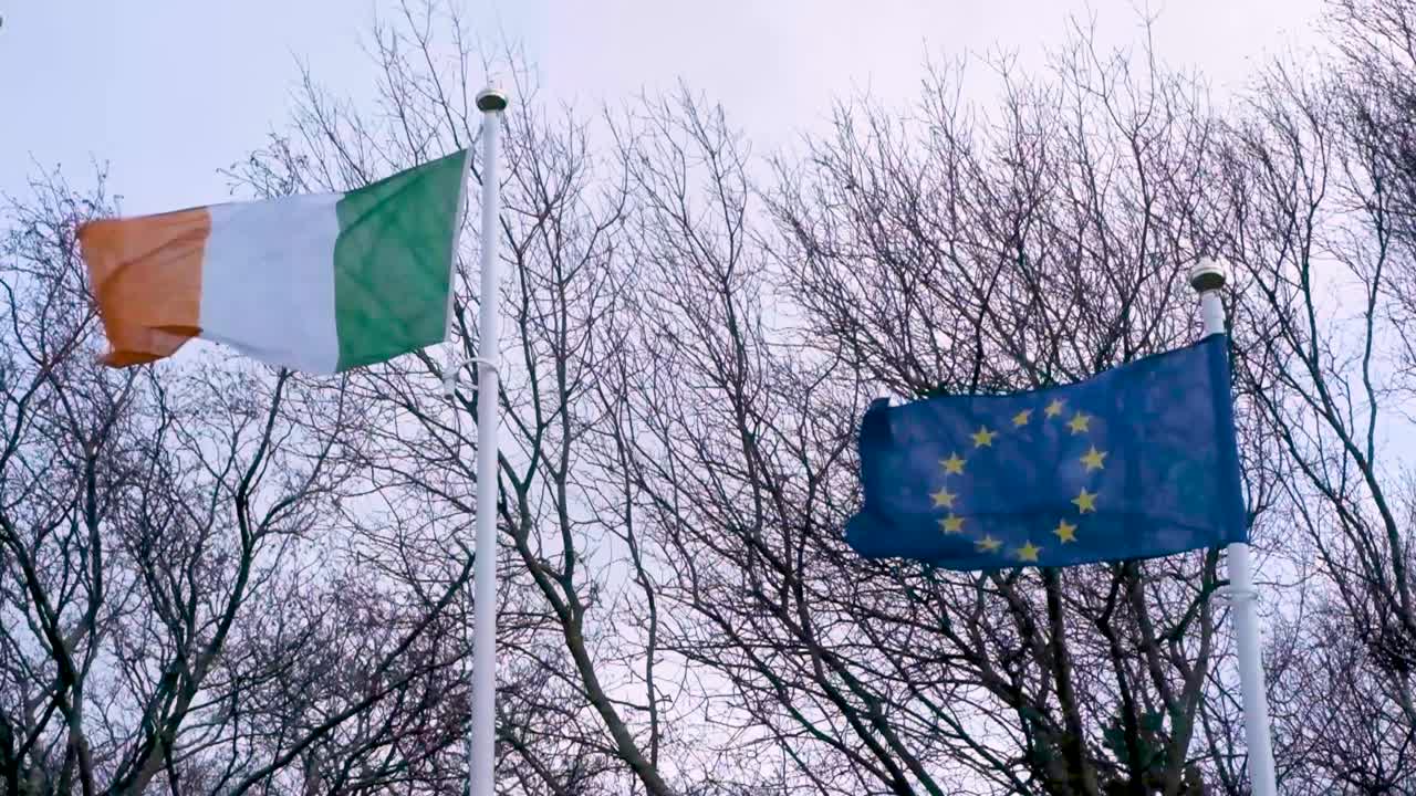 Bandiere irlandesi e dell'Unione Europea che sventolano al vento, riprese al rallentatore sotto un cielo sereno