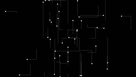 Animación-De-Puntos-Y-Líneas-Blancas-Que-Se-Extienden-Sobre-Fondo-Negro,-Tubo-De-Conducción-Eléctrica,-Concepto-De-Placa-De-Circuito