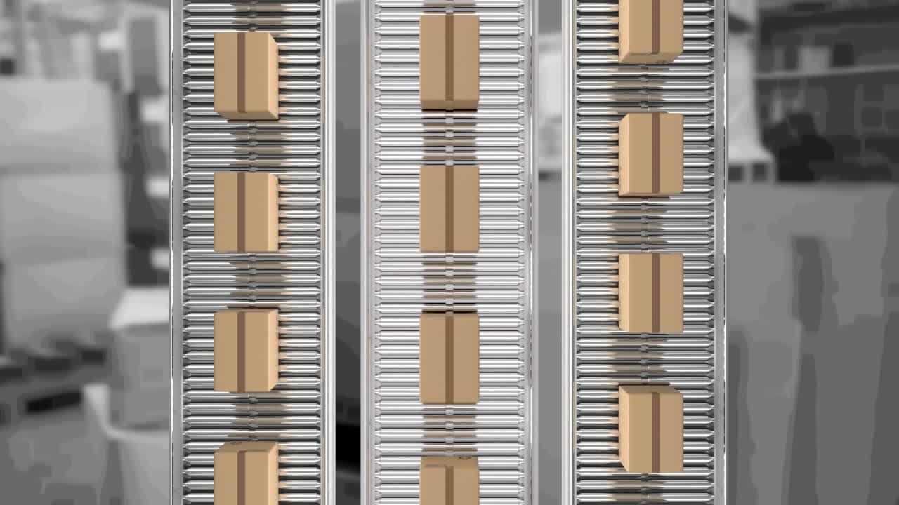 animación de cajas de cartón que se mueven en cintas transportadoras sobre el almacén