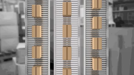 animación de cajas de cartón que se mueven en cintas transportadoras sobre el almacén