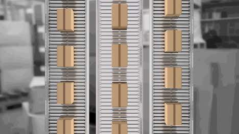 animation of cardboard boxes moving on conveyor belts over warehouse