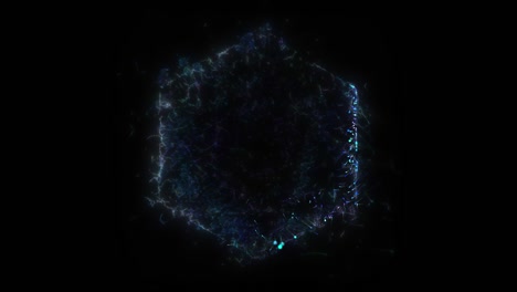 bucle sin costuras. animación de un portal hexagonal azul, formado por partículas y ráfagas de energía, aislado en fondo negro con matte alfa luma