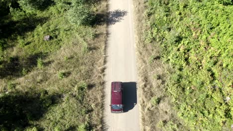 vw van vintage van driving through forest aerial view 4k drone