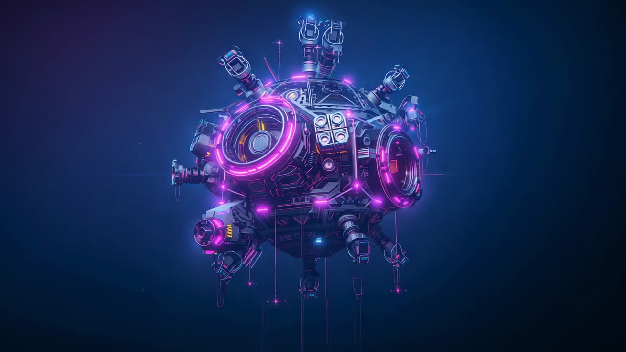 Lights pulsing initiating spherical device rotating in dark void, revealing neon rings and vents