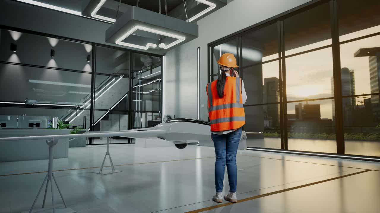 Kvindelig ingeniør inspicerer en drone i et moderne anlæg