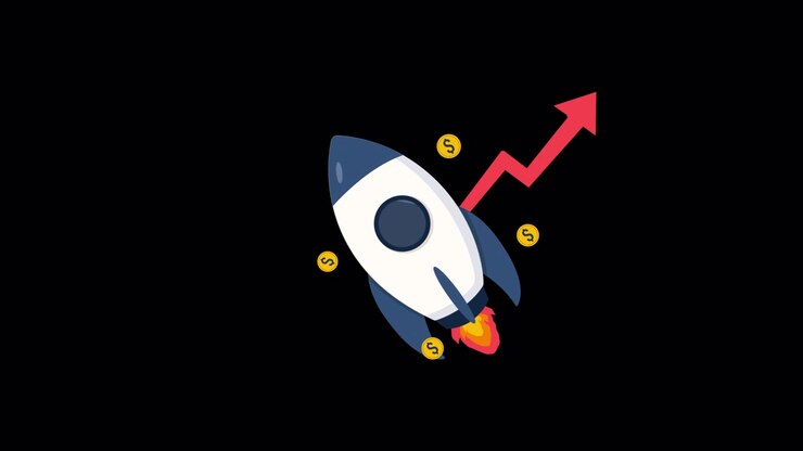 Animated Rocket Launching with Rising Financial Growth Chart