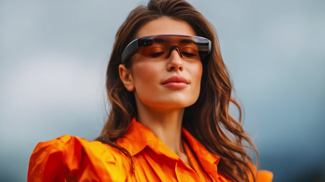 Stylish woman wearing modern smart glasses in an orange outfit, showcasing innovation and confidence against a dramatic cloudy background, capturing a moment of elegance