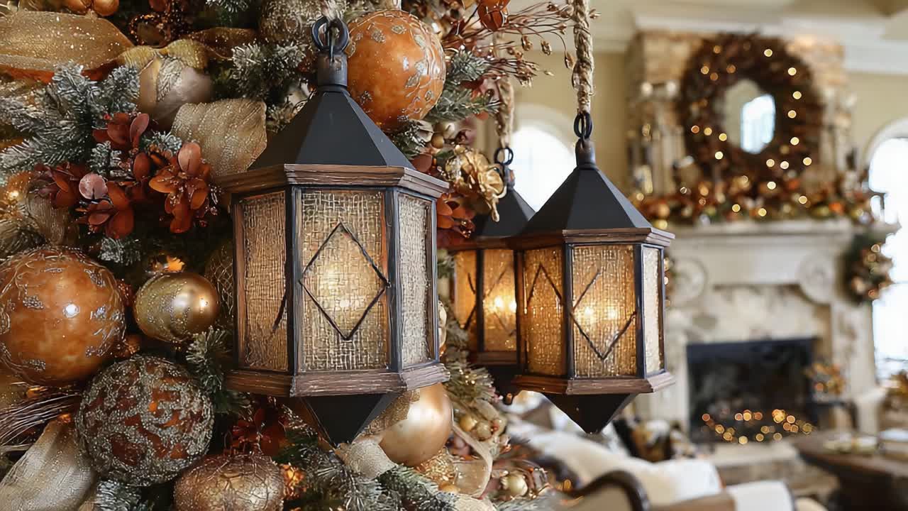Charming Holiday Decor: Twinkling Lanterns Adorn a Festive Christmas Tree Spread in a Beautifully Decorated Living Room with Warm Seasonal Accents