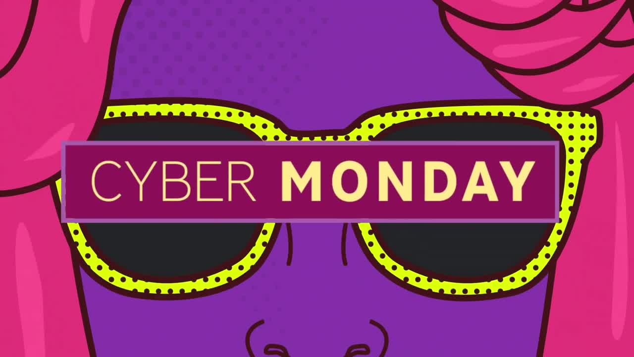 animación digital de cyber lunes banner de texto contra la mujer que lleva gafas de sol icono