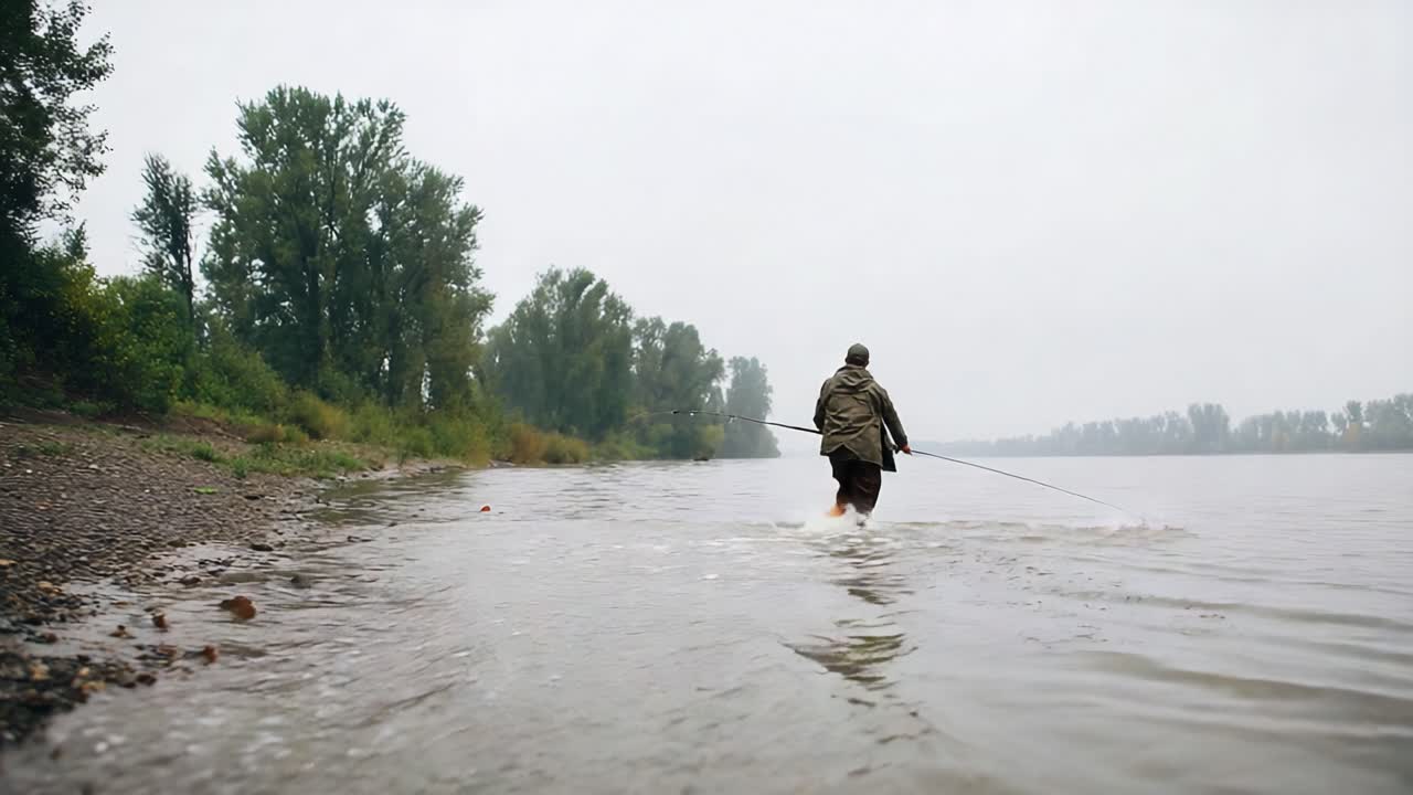 Seorang pemancing seorang diri menantang alam saat memancing di tepi sungai, menangkap esensi ketenangan dan ketekunan di tengah suasana mendung dan suram.