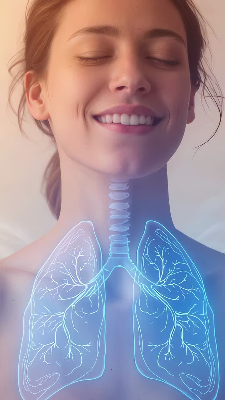 Video verticale: inquadratura di una donna senza spalline in studio, che sorride per la salute, con trachea e polmoni in evidenza