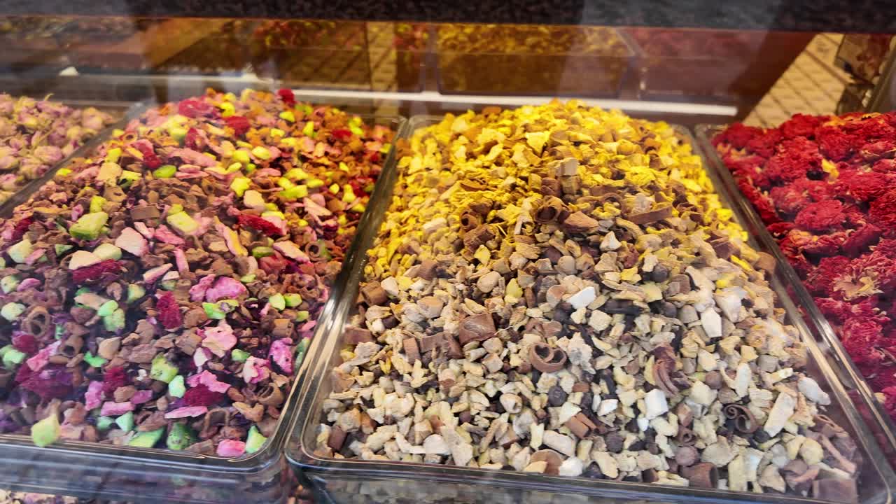 Colorful Assortment of Dried Teas and Spices on Display