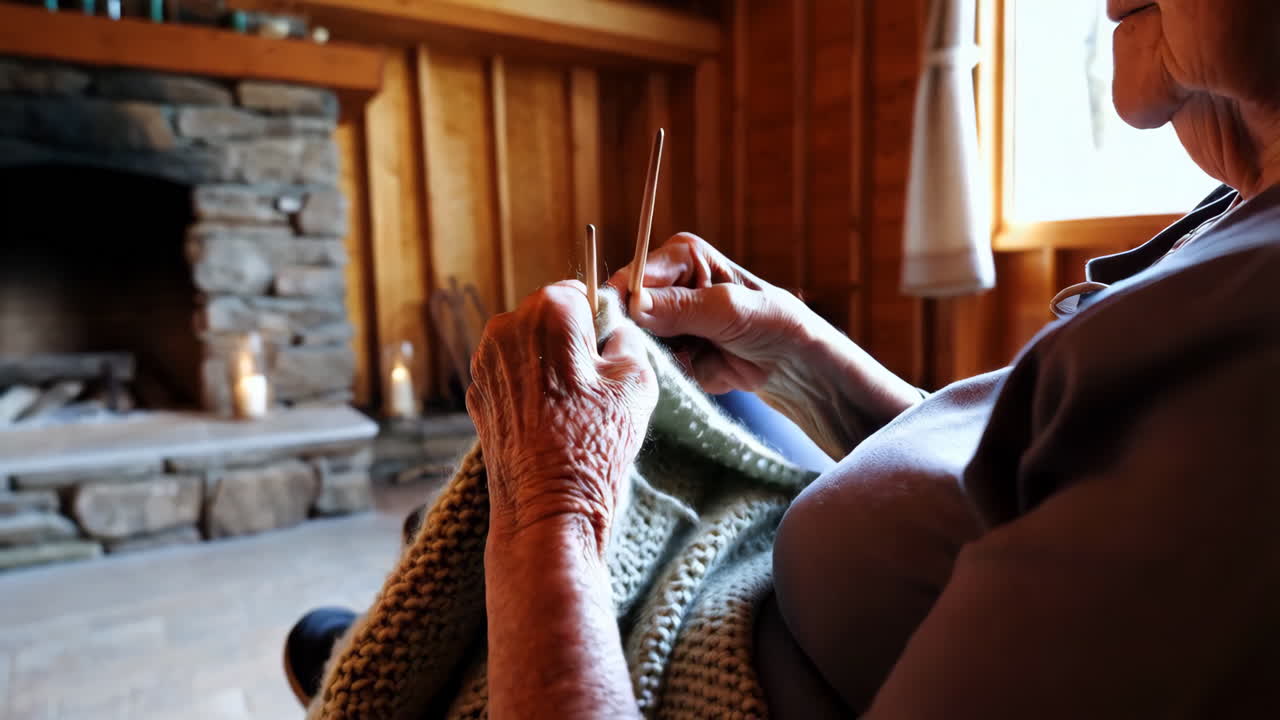 벽난로 에서 뜨개질하는 고위 여성