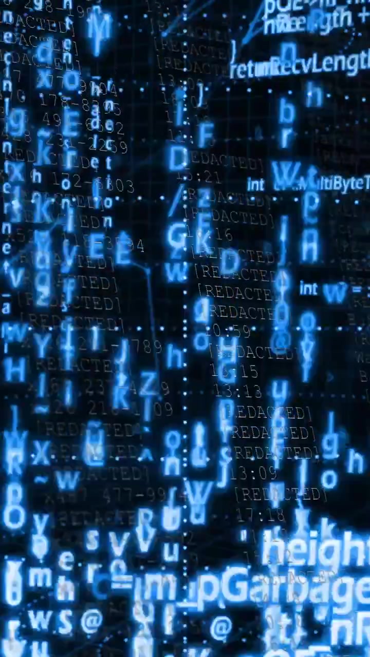 Vertical video: Vertical code streams scrolling on input pulse, revealing panels over 3D grid