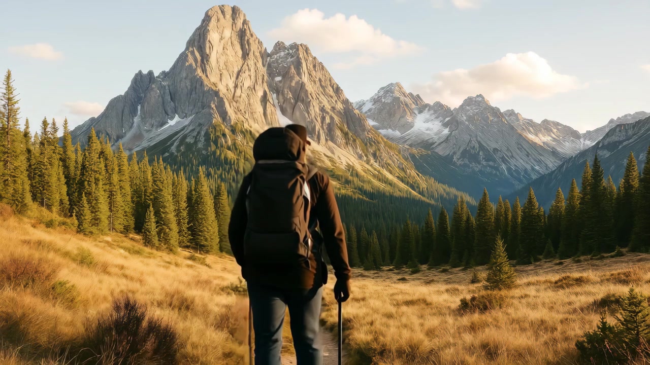 Hiker Walking on Mountain Trail at Sunset