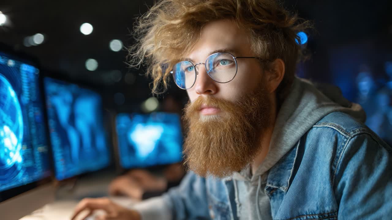 Concentrated Mind: A Focused Individual Engaged with Technology and Data Analyzing Complex Information through Multiple Computer Screens in a Dimly Lit Environment