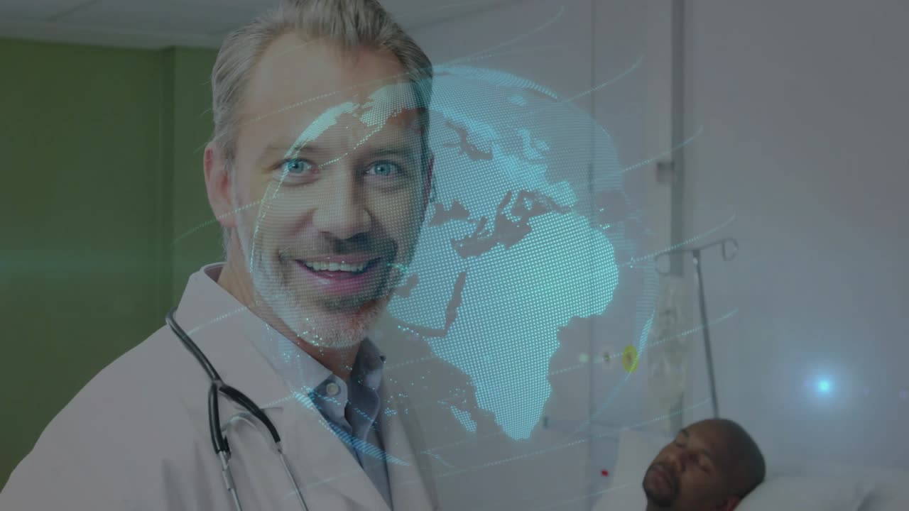 Physician upon reviewing clipboard and logging findings as globe overlay spins showing global data