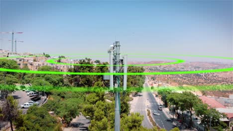 vista aérea de la torre de telefonía celular y el área de cobertura