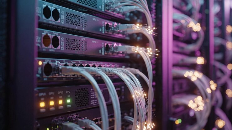 Close-up View of a Network Infrastructure with Fiber Optic Cables and Servers, Highlighting the Connection and Data Flow in a Modern Data Center Environment