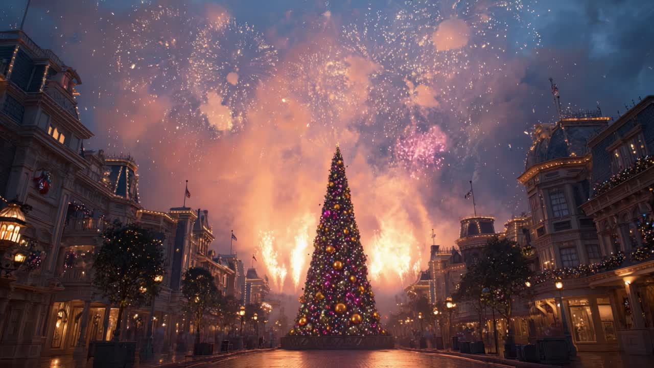 A Majestic Christmas Tree Surrounded by a Festive Celebration of Colorful Fireworks Lighting up the Night Sky in a Joyous Holiday Atmosphere