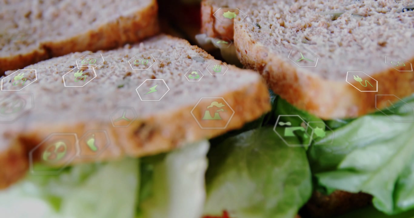 After bread filling icons emerging showing metrics camera tilting revealing lettuce tomato on plate