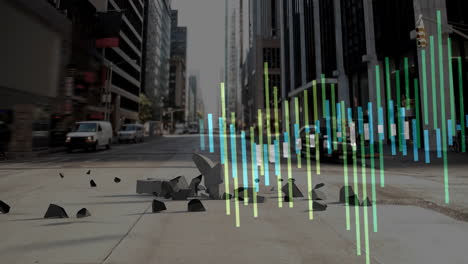 Futuristic data visualization animation over urban street with scattered debris