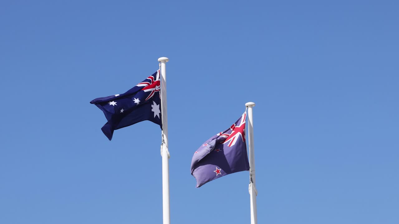 Two Australian flags fluttering against a clear sky