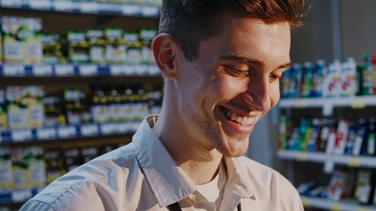 식료품 가게 에 있는 젊은 남자