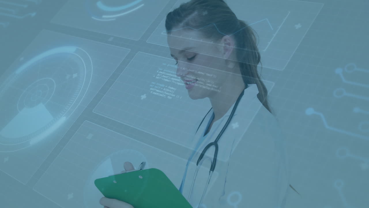 animación de análisis de datos médicos sobre el médico sosteniendo el portapapeles y sonriendo