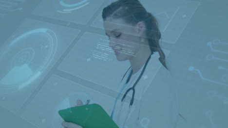 medical data analysis animation over doctor holding clipboard and smiling